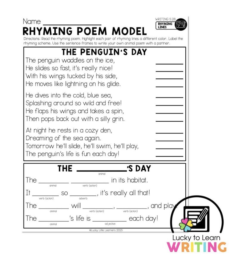 Rhyming poem model for 2nd grade students, showcasing an example of an animal-themed rhyming poem, with space to practice writing their own using the same structure.
